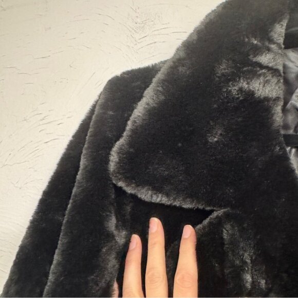 Avec Les Filles Black Faux Fur Long Coat Womens L Classic Warm Jacket Preppy - Picture 5 of 12